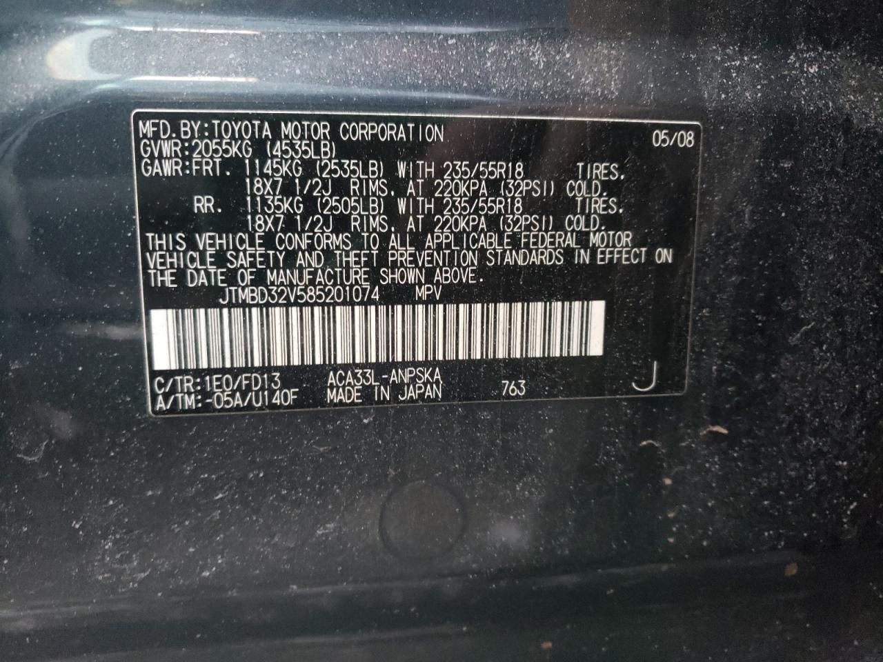 Photo 10 from auction – 2008 TOYOTA RAV4 SPORT with VIN JTMBD32V585201074