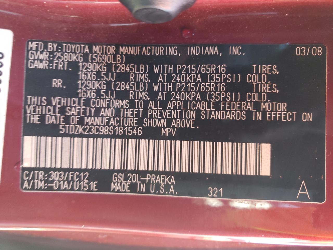 Photo 10 from auction – 2008 TOYOTA SIENNA CE with VIN 5TDZK23C98S181546