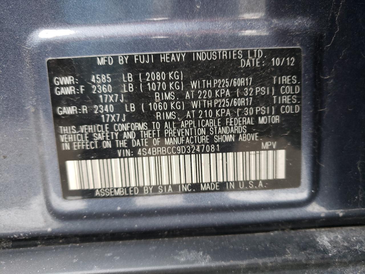 Photo 10 from auction – 2013 SUBARU OUTBACK 2. with VIN 4S4BRBCC9D3247081