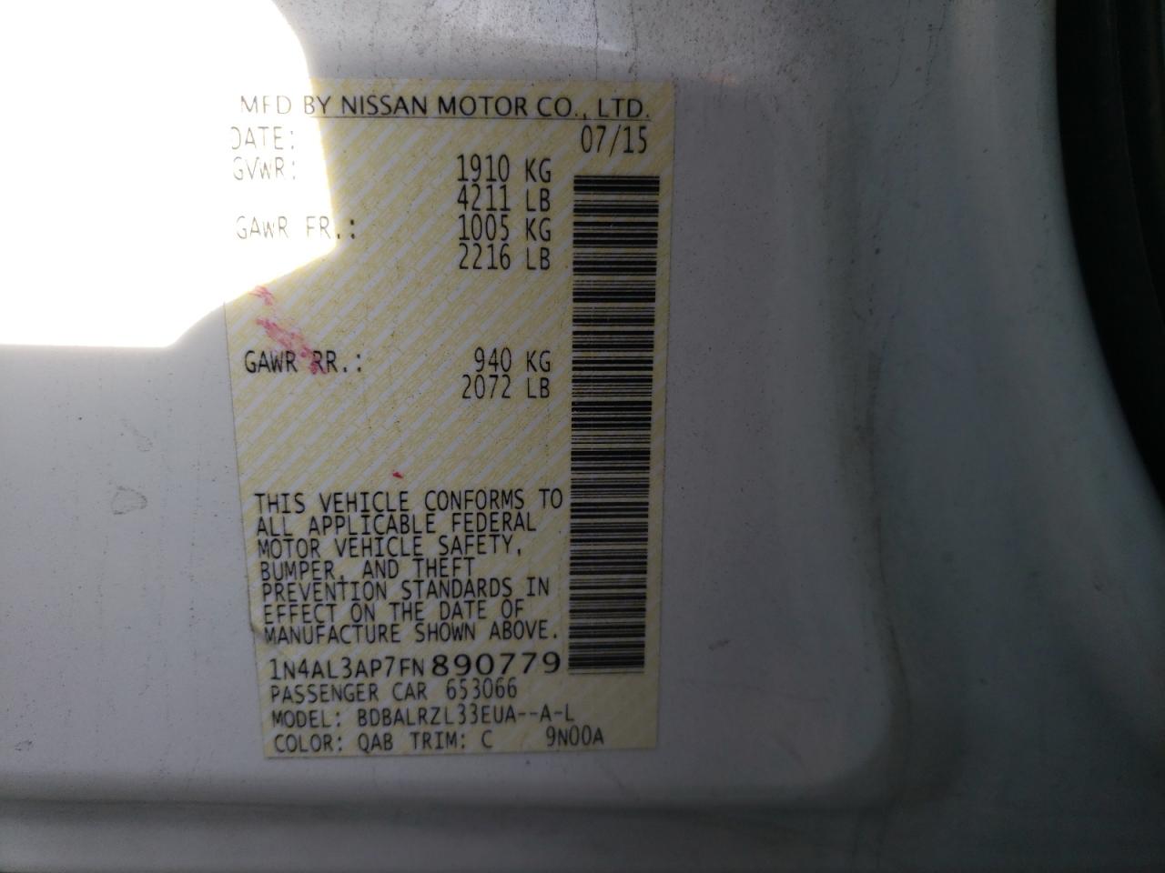 Photo 10 from auction – 2015 NISSAN ALTIMA 2.5 with VIN 1N4AL3AP7FN890779