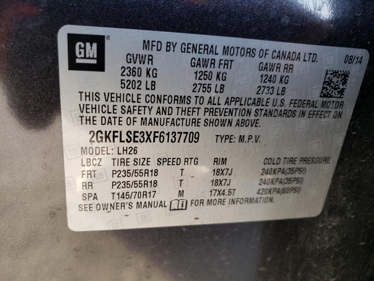 Photo 10 from auction – 2015 GMC TERRAIN SL with VIN 2GKFLSE3XF6137709