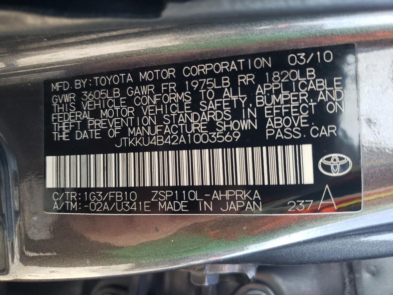 Photo 10 from auction – 2010 TOYOTA SCION XD with VIN JTKKU4B42A1003569