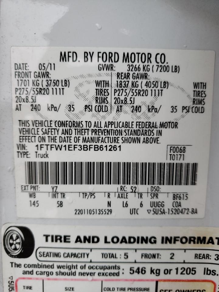 Photo 10 from auction – 2011 FORD F150 SUPER with VIN 1FTFW1EF3BFB61261