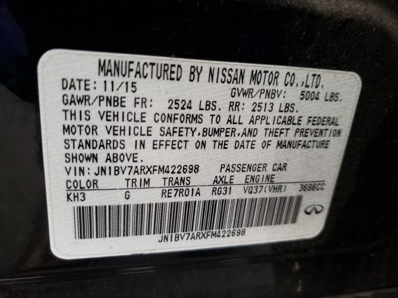 Photo 10 from auction – 2015 INFINITI Q50 BASE with VIN JN1BV7ARXFM422698
