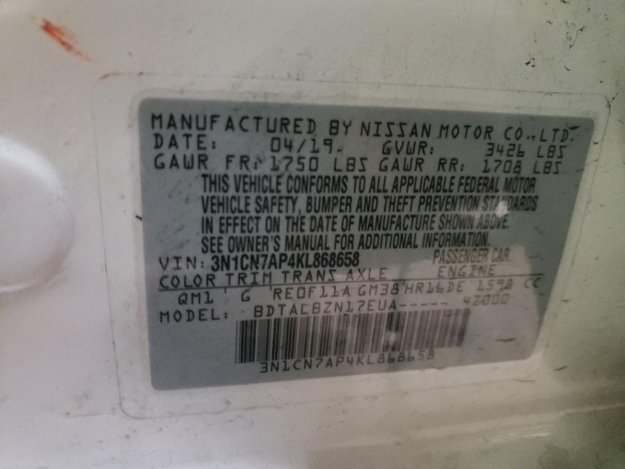 Photo 10 from auction – 2019 NISSAN VERSA S with VIN 3N1CN7AP4KL868658
