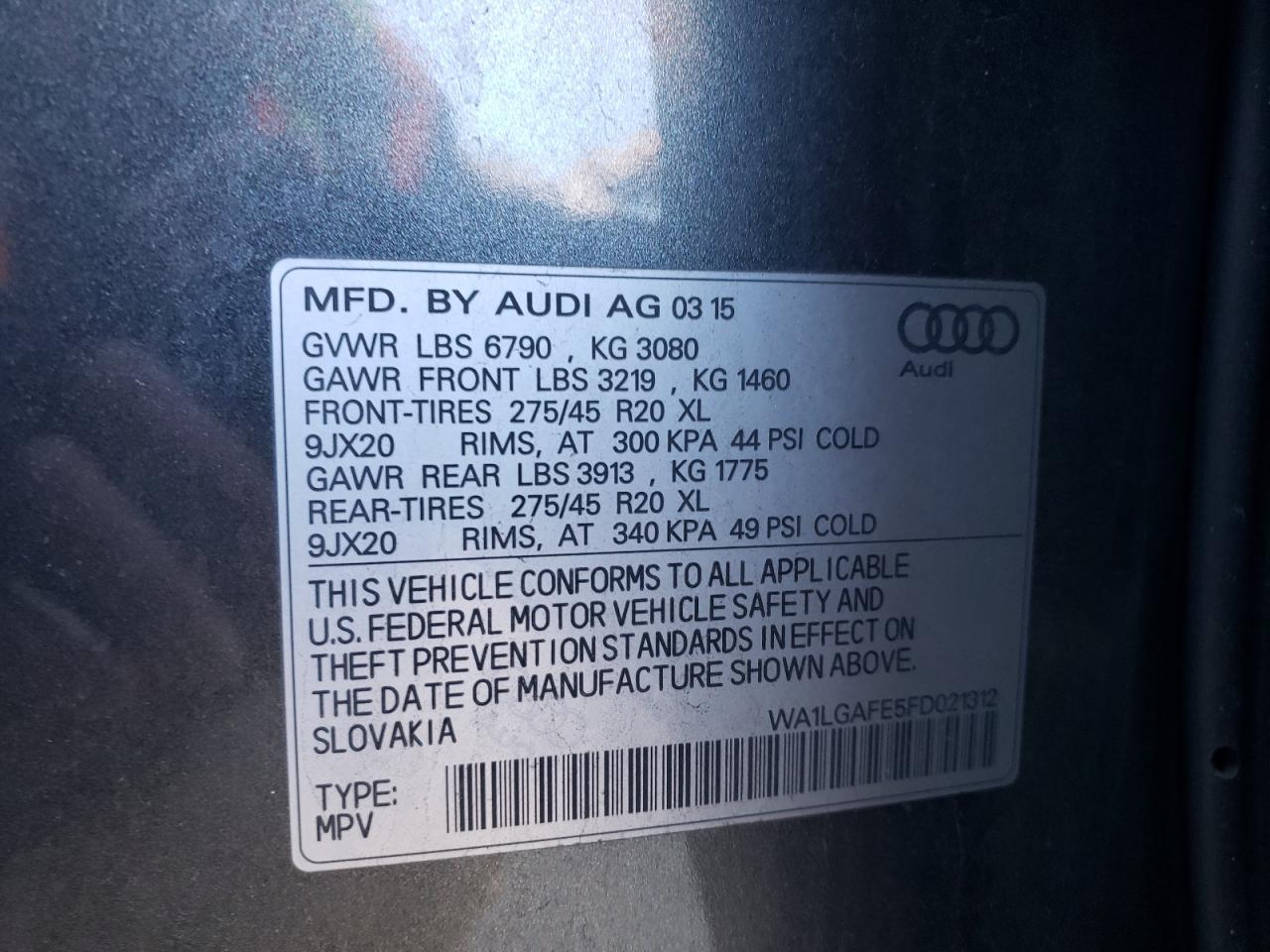 Photo 10 from auction – 2015 AUDI Q7 PREMIUM with VIN WA1LGAFE5FD021312