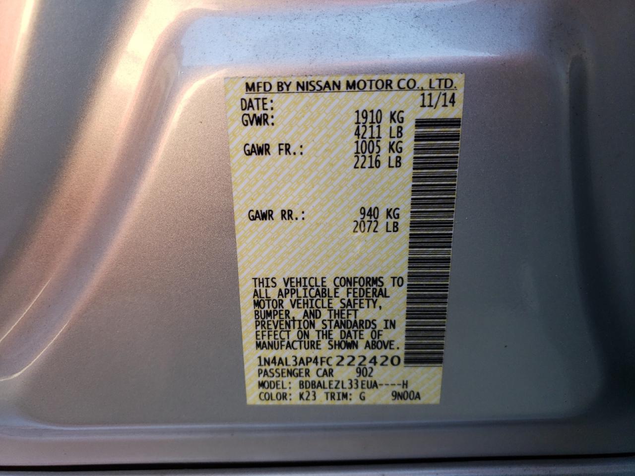 Photo 10 from auction – 2015 NISSAN ALTIMA 2.5 with VIN 1N4AL3AP4FC222420