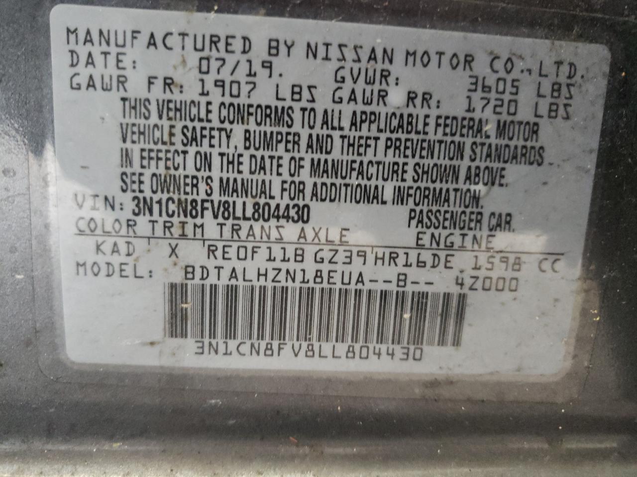 Photo 10 from auction – 2020 NISSAN VERSA SR with VIN 3N1CN8FV8LL804430