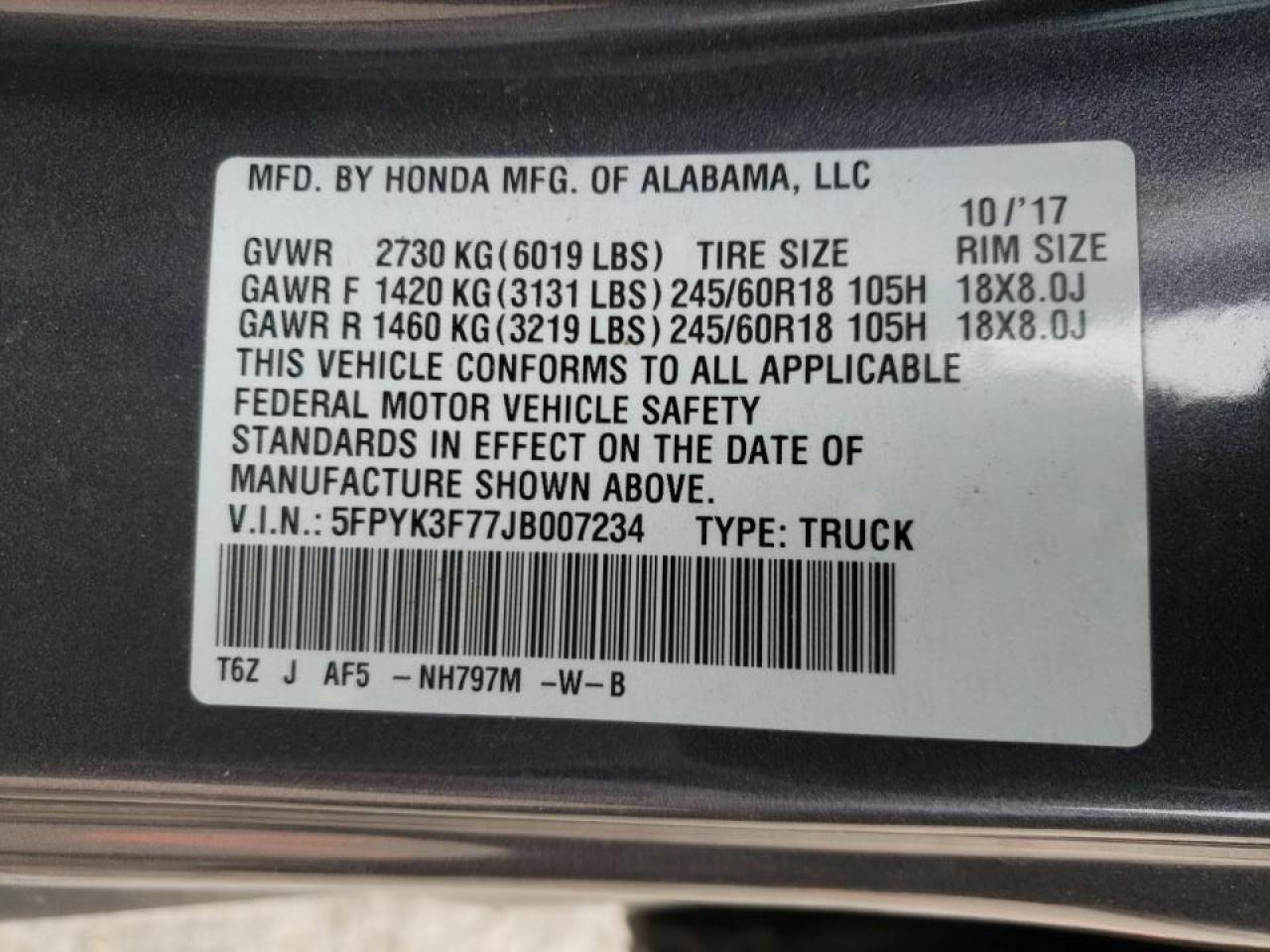 Photo 10 from auction – 2018 HONDA RIDGELINE with VIN 5FPYK3F77JB007234