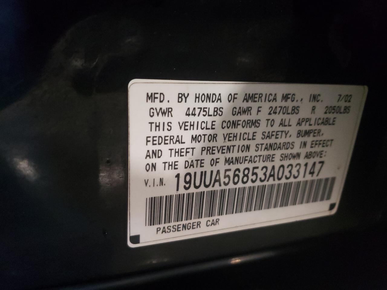 Photo 10 from auction – 2003 ACURA 3.2 TL with VIN 19UUA56853A033147