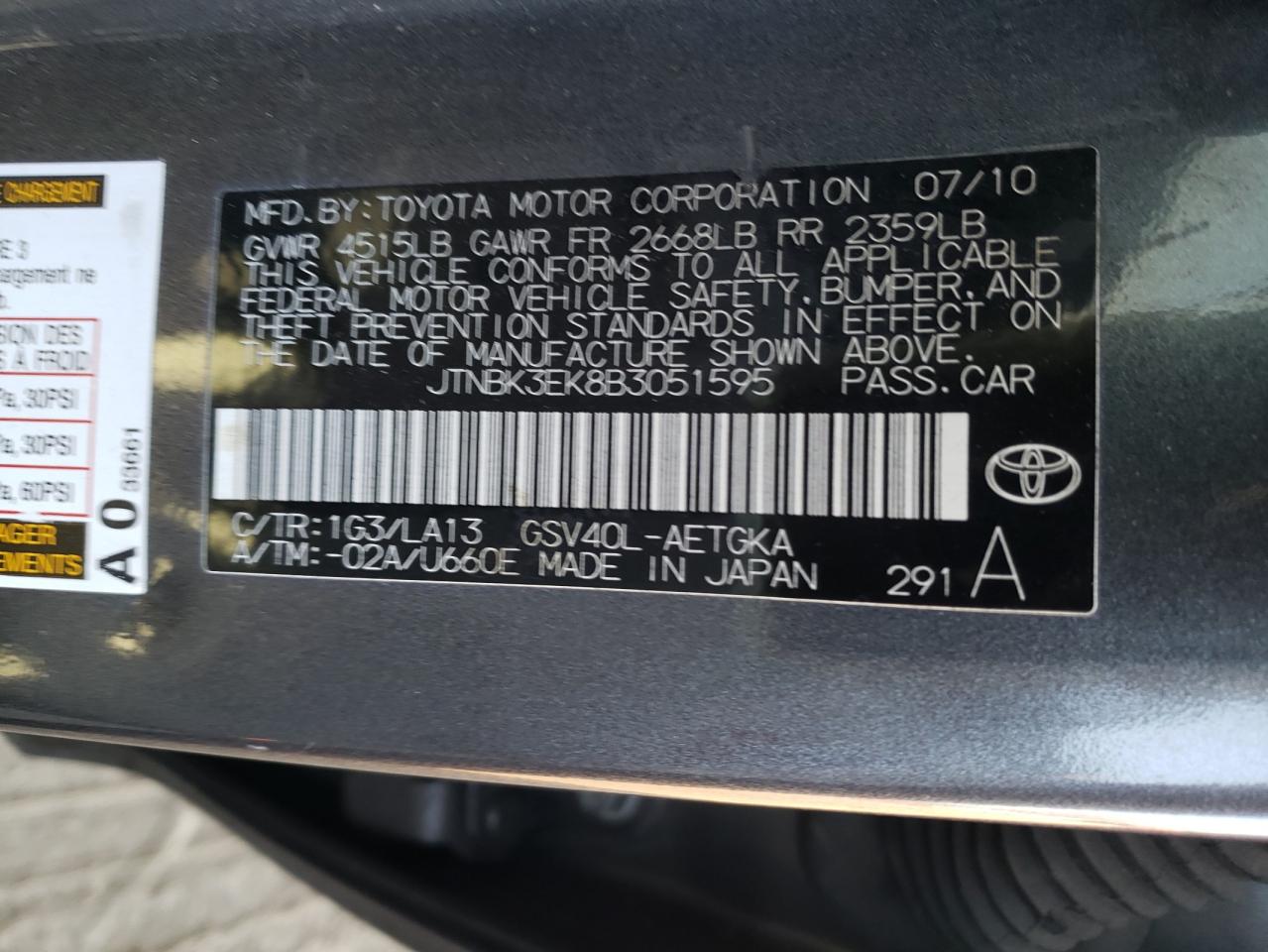 Photo 10 from auction – 2011 TOYOTA CAMRY SE with VIN JTNBK3EK8B3051595