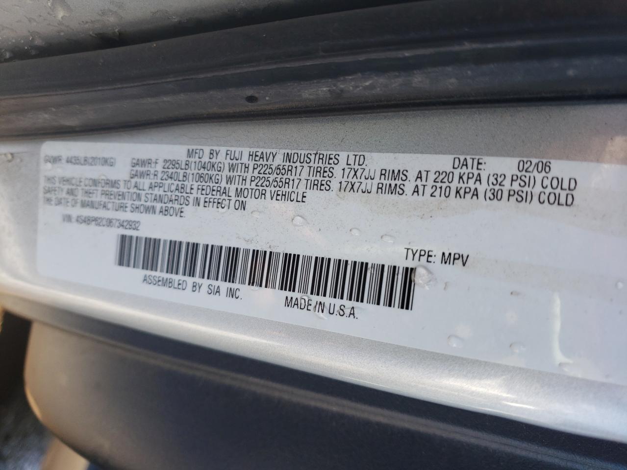 Photo 10 from auction – 2006 SUBARU LEGACY OUT with VIN 4S4BP62C067342932
