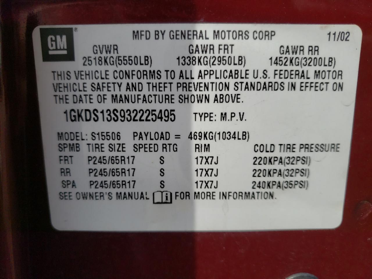 Photo 10 from auction – 2003 GMC ENVOY with VIN 1GKDS13S932225495
