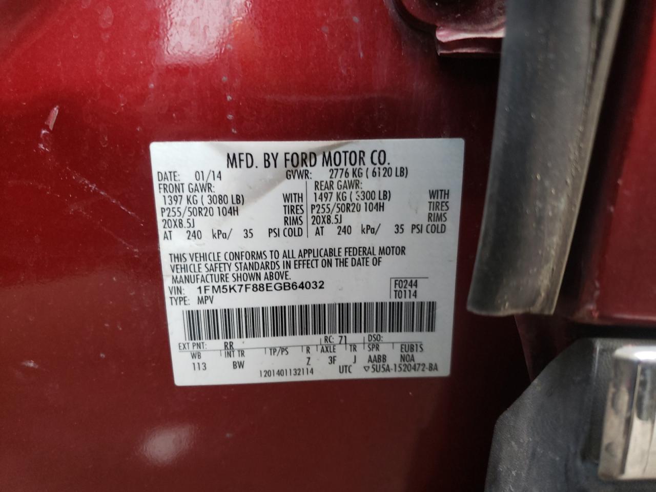 Photo 10 from auction – 2014 FORD EXPLORER L with VIN 1FM5K7F88EGB64032