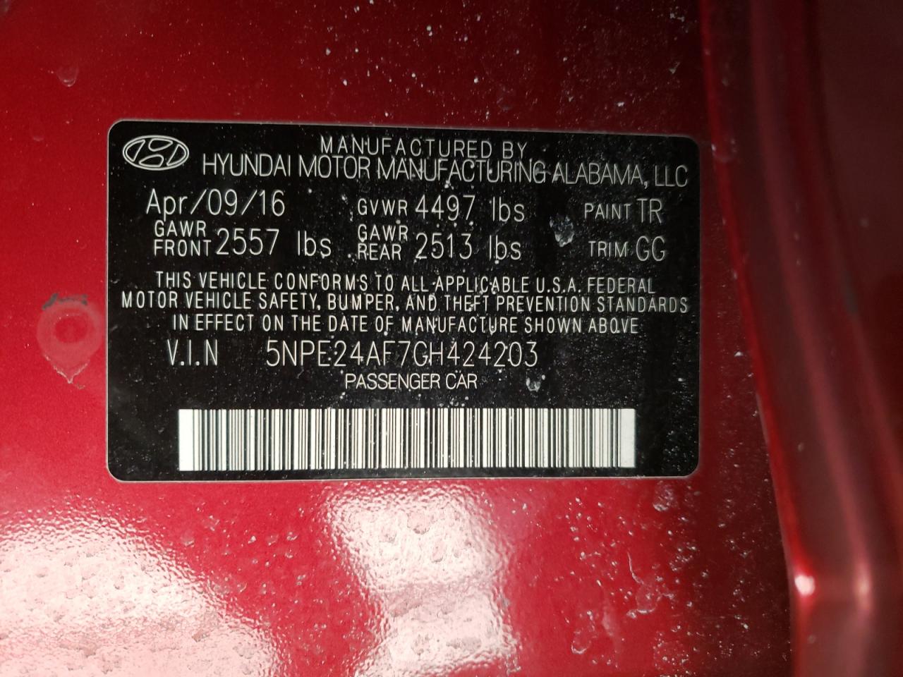 Photo 10 from auction – 2016 HYUNDAI SONATA SE with VIN 5NPE24AF7GH424203