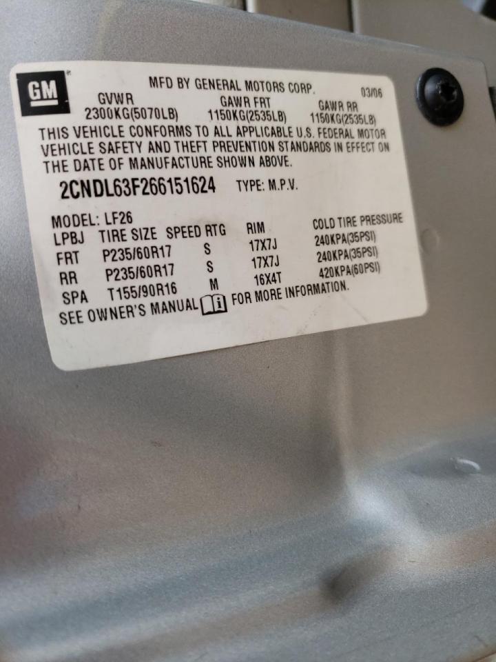 Photo 10 from auction – 2006 CHEVROLET EQUINOX LT with VIN 2CNDL63F266151624