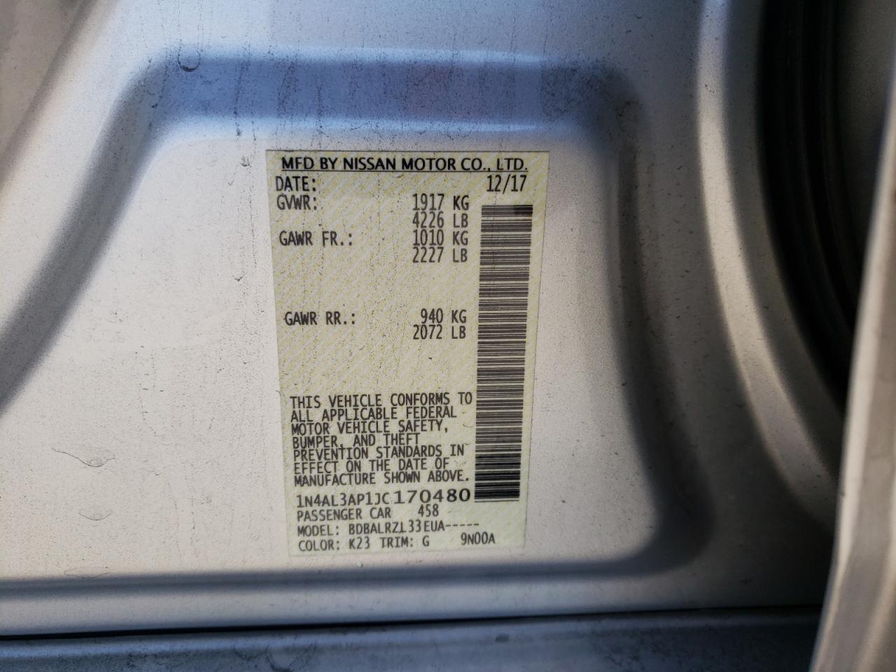 Photo 10 from auction – 2018 NISSAN ALTIMA 2.5 with VIN 1N4AL3AP1JC170480