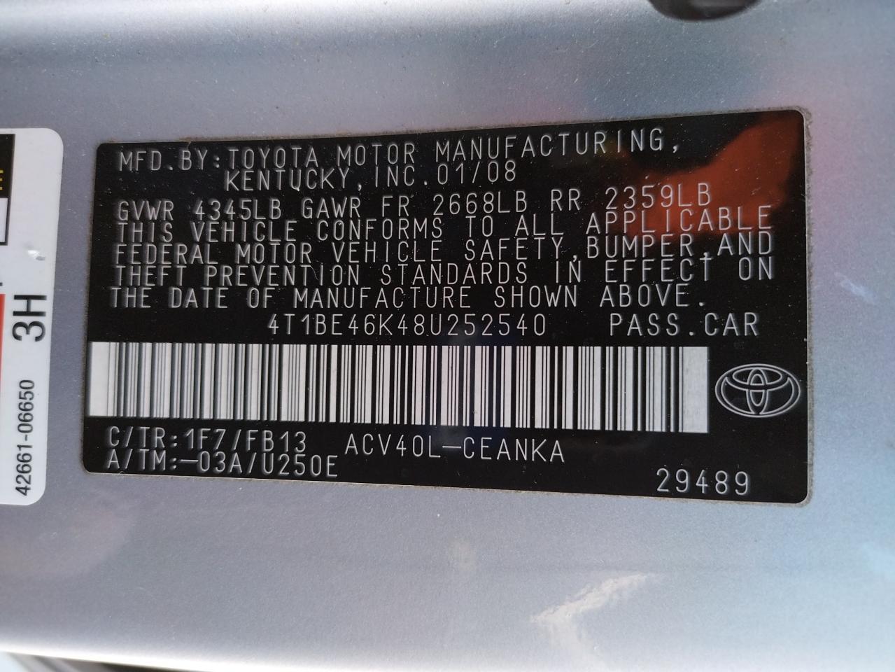 Photo 10 from auction – 2008 TOYOTA CAMRY CE with VIN 4T1BE46K48U252540