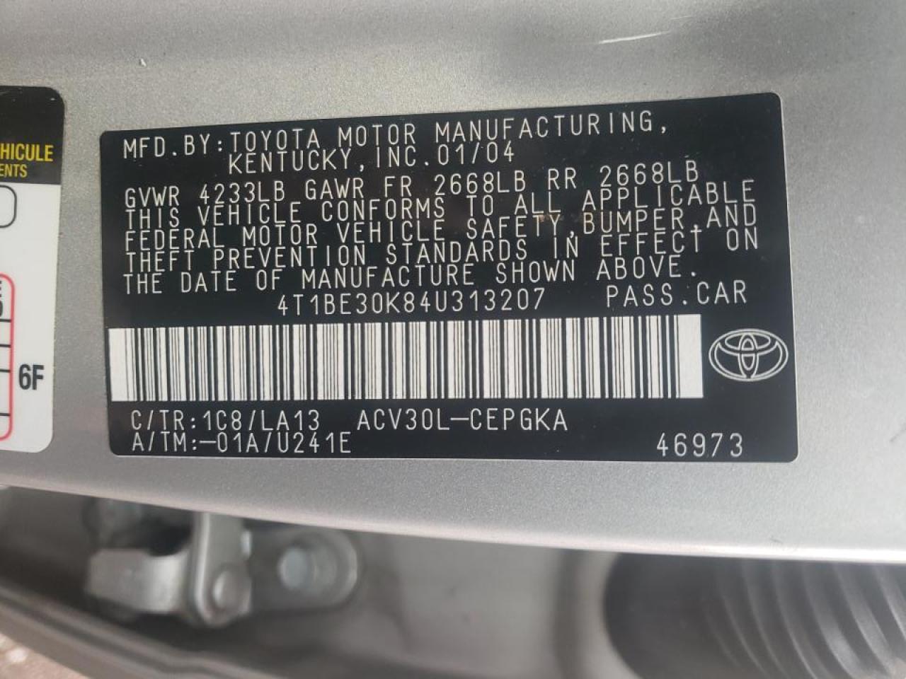 Photo 10 from auction – 2004 TOYOTA CAMRY LE with VIN 4T1BE30K84U313207