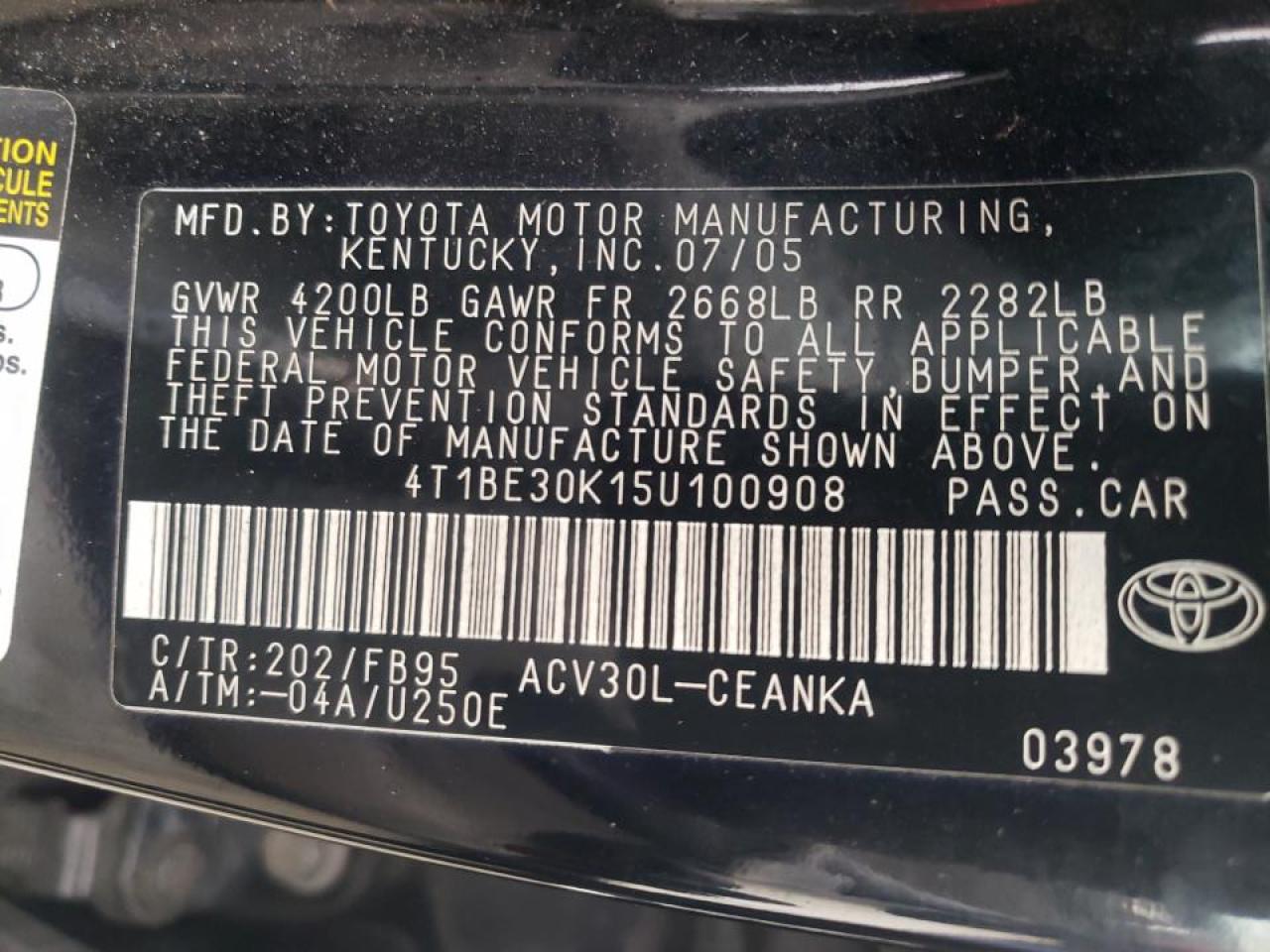 Photo 10 from auction – 2005 TOYOTA CAMRY LE with VIN 4T1BE30K15U100908