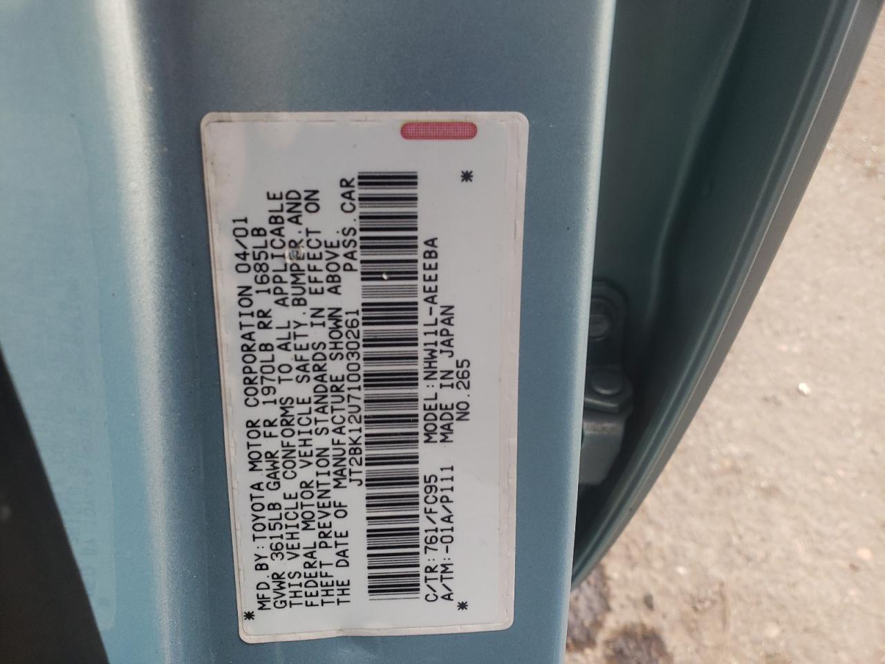 Photo 10 from auction – 2001 TOYOTA PRIUS with VIN JT2BK12U710030261