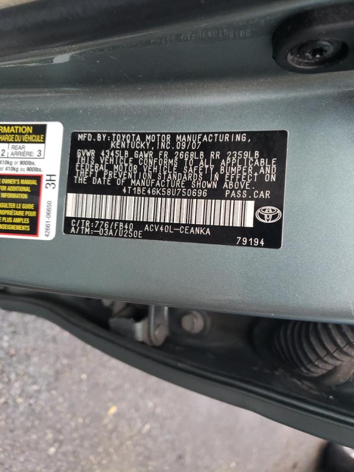 Photo 10 from auction – 2008 TOYOTA CAMRY CE with VIN 4T1BE46K58U750696