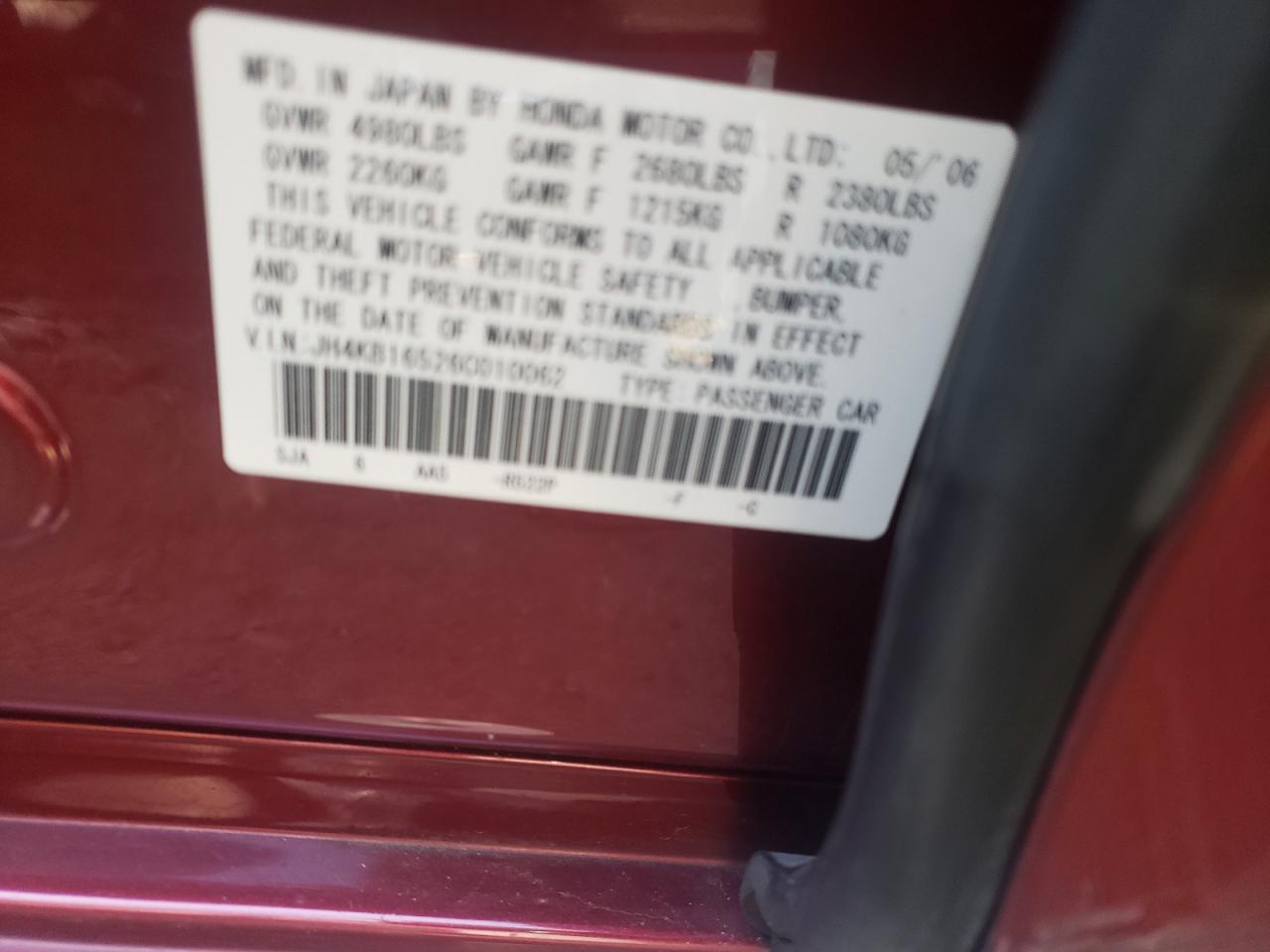 Photo 10 from auction – 2006 ACURA RL with VIN JH4KB16526C010062