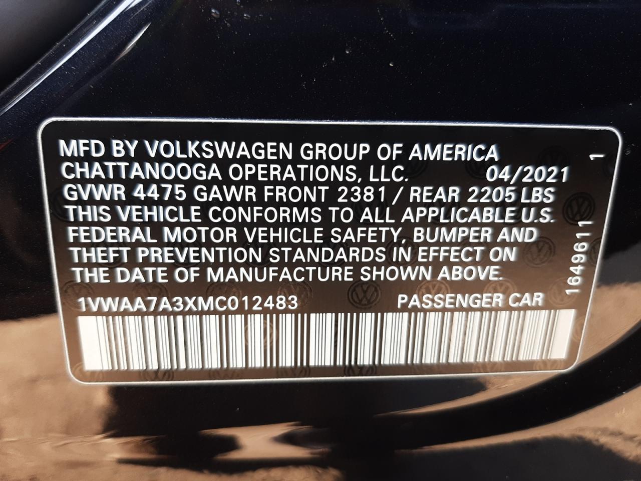 Photo 10 from auction – 2021 VOLKSWAGEN PASSAT S with VIN 1VWAA7A3XMC012483
