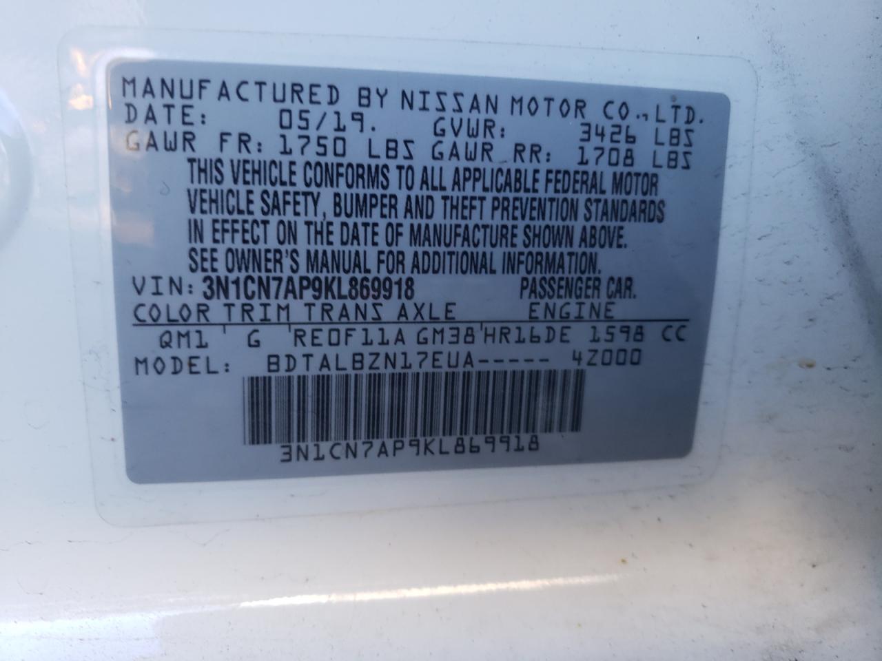 Photo 10 from auction – 2019 NISSAN VERSA S with VIN 3N1CN7AP9KL869918