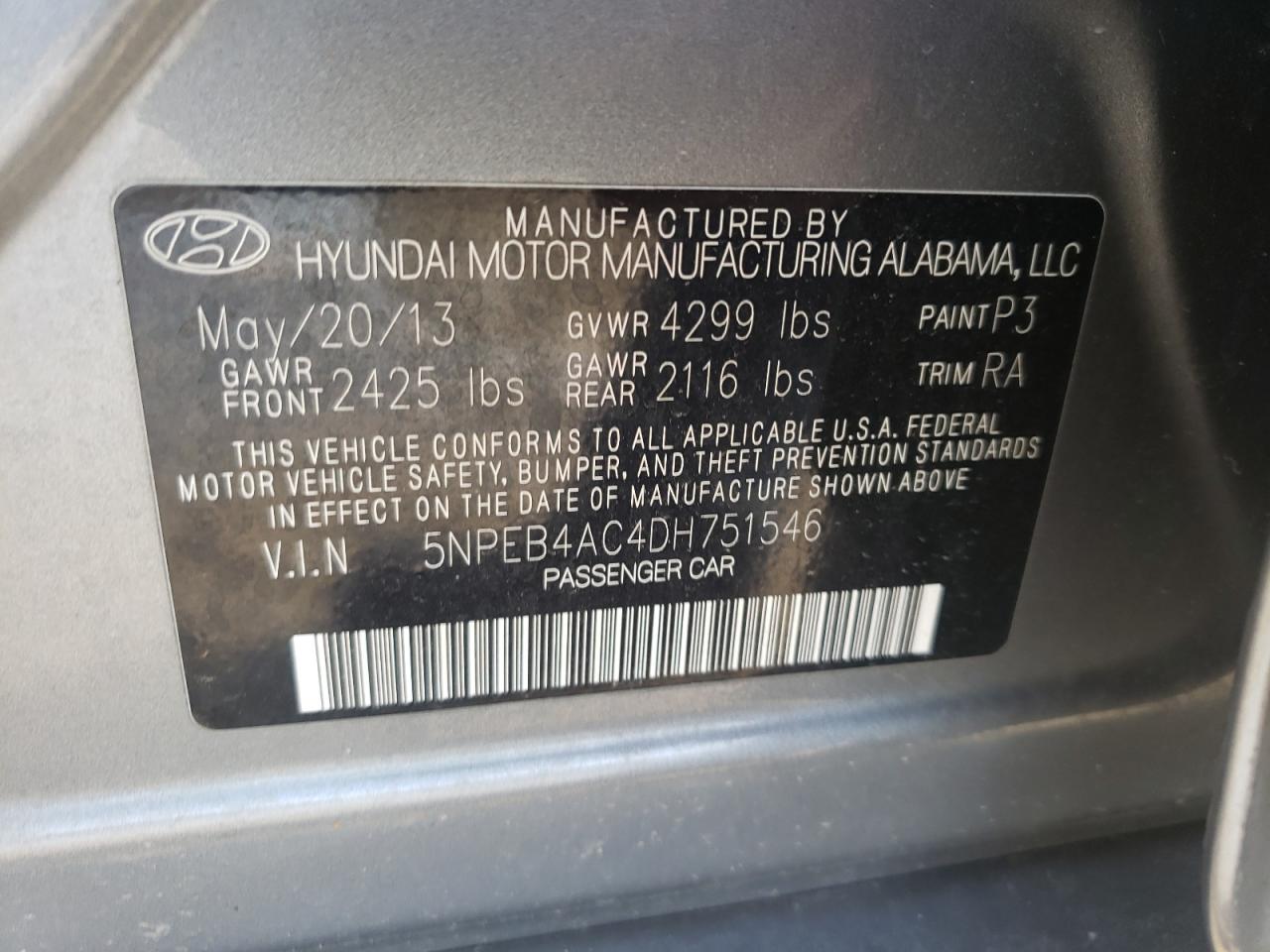 Photo 10 from auction – 2013 HYUNDAI SONATA GLS with VIN 5NPEB4AC4DH751546