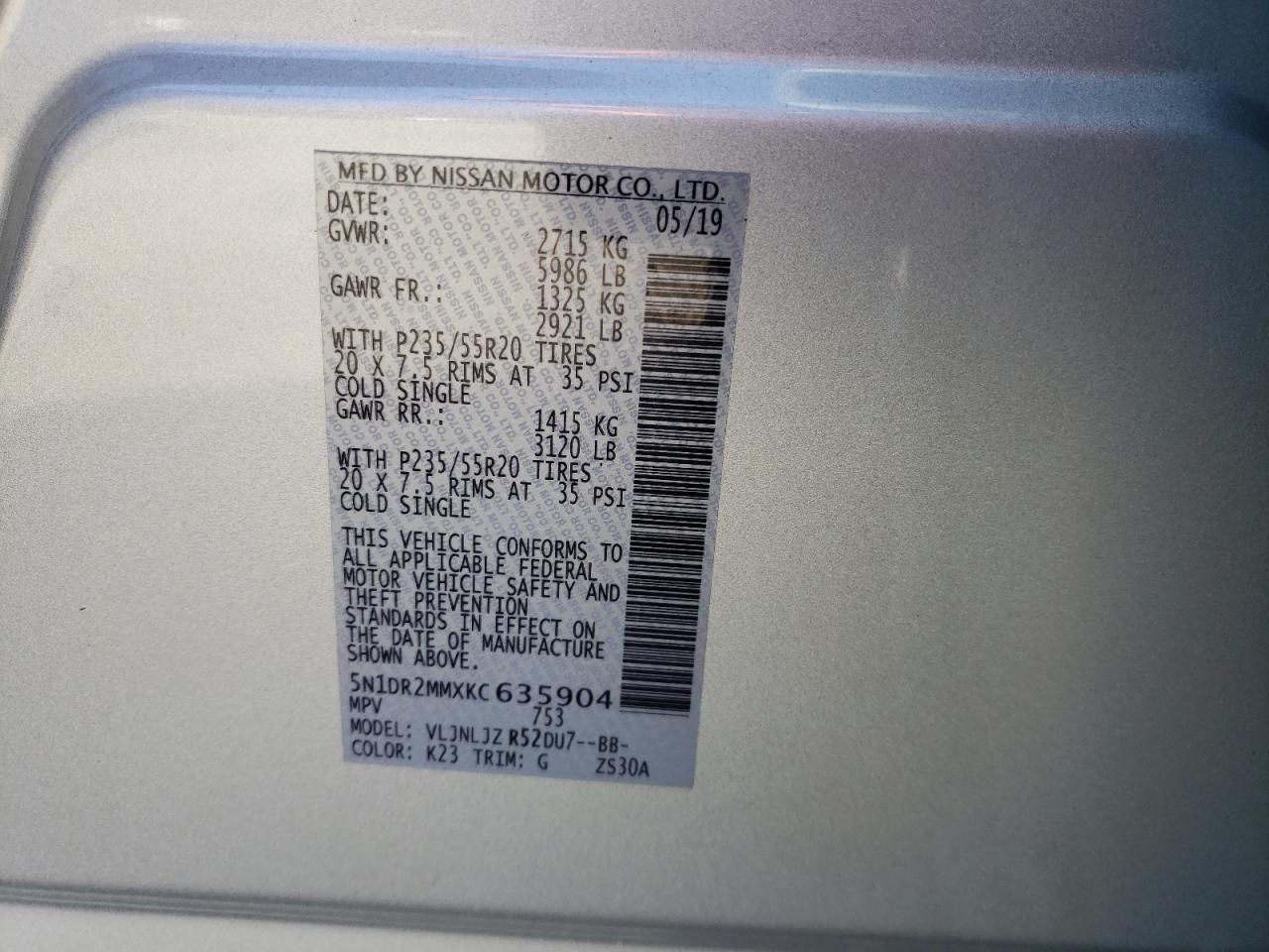 Photo 10 from auction – 2019 NISSAN PATHFINDER with VIN 5N1DR2MMXKC635904