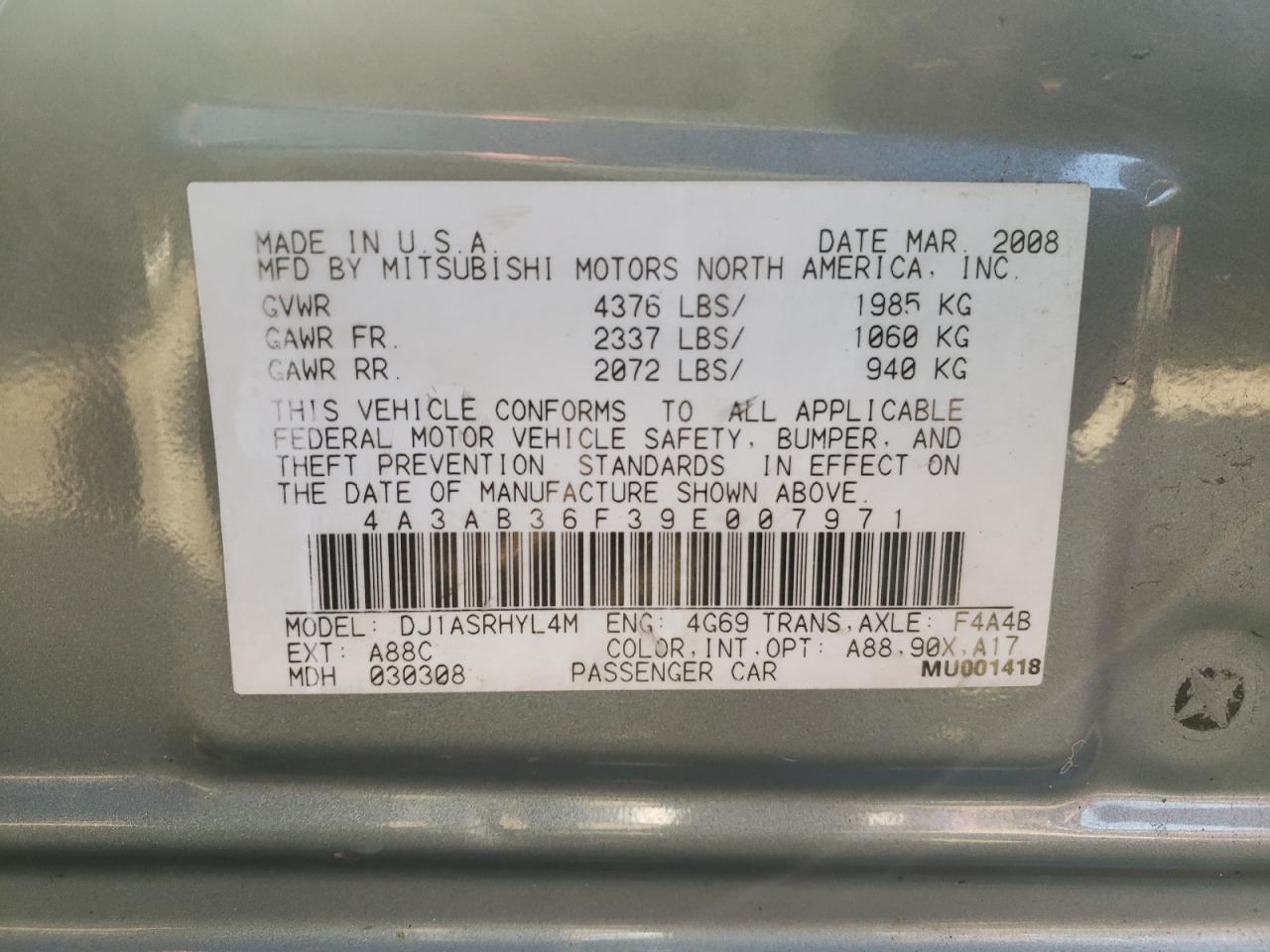 Photo 10 from auction – 2009 MITSUBISHI GALANT ES with VIN 4A3AB36F39E007971