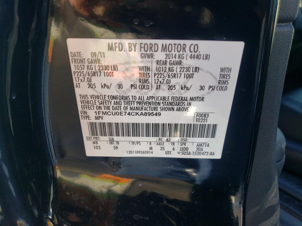 Photo 10 from auction – 2012 FORD ESCAPE LIM with VIN 1FMCU0E74CKA89549
