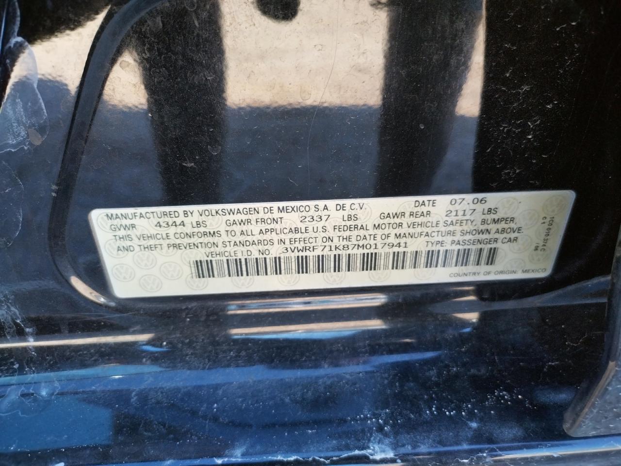Photo 10 from auction – 2007 VOLKSWAGEN JETTA 2.5 with VIN 3VWRF71K87M017941