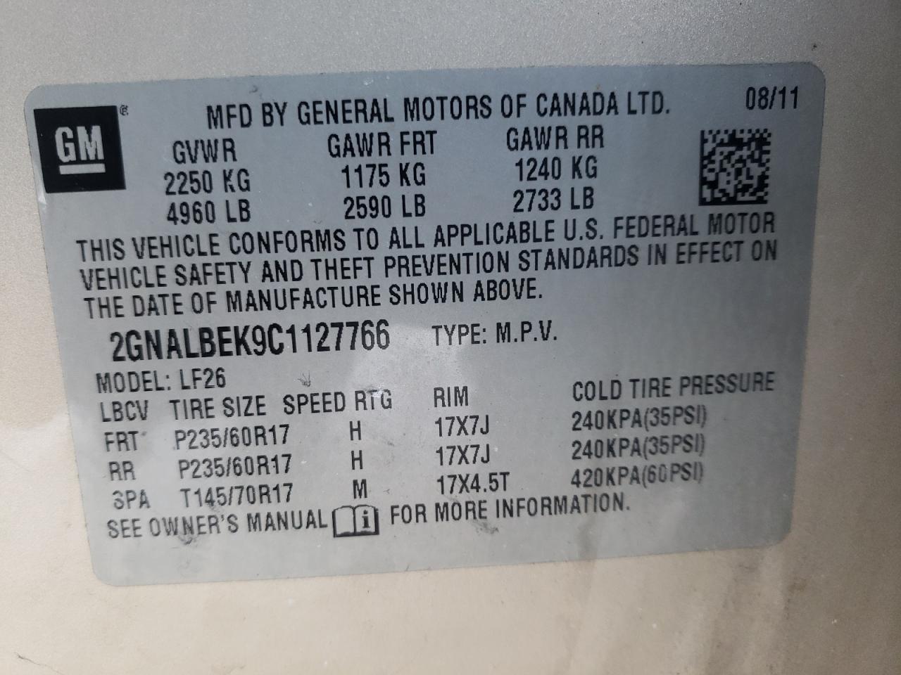 Photo 10 from auction – 2012 CHEVROLET EQUINOX LS with VIN 2GNALBEK9C1127766