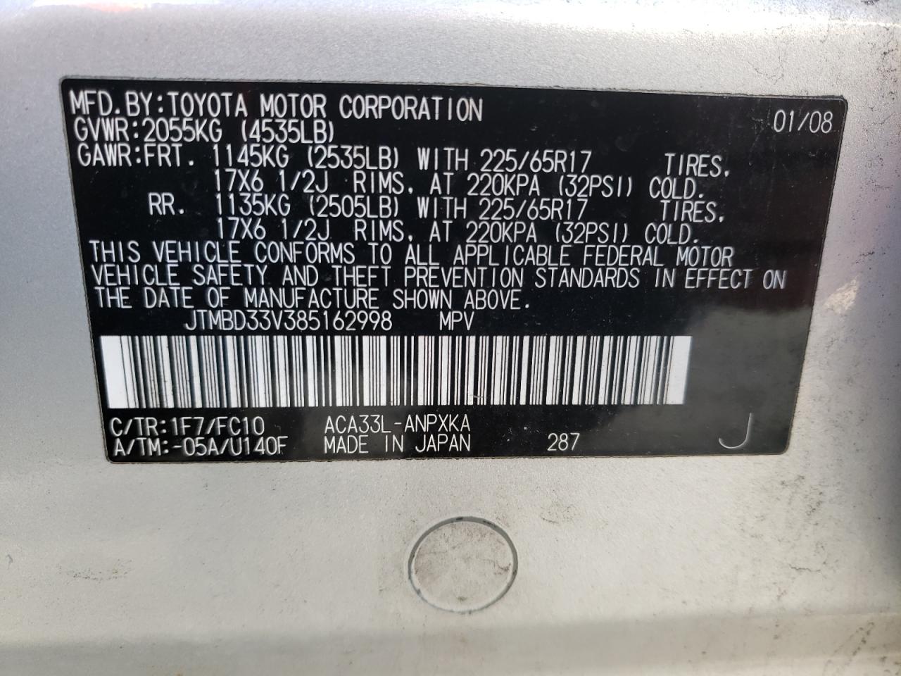 Photo 10 from auction – 2008 TOYOTA RAV4 with VIN JTMBD33V385162998