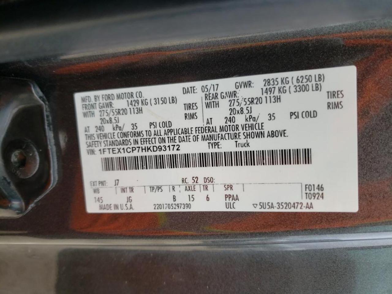 Photo 10 from auction – 2017 FORD F150 SUPER with VIN 1FTEX1CP7HKD93172
