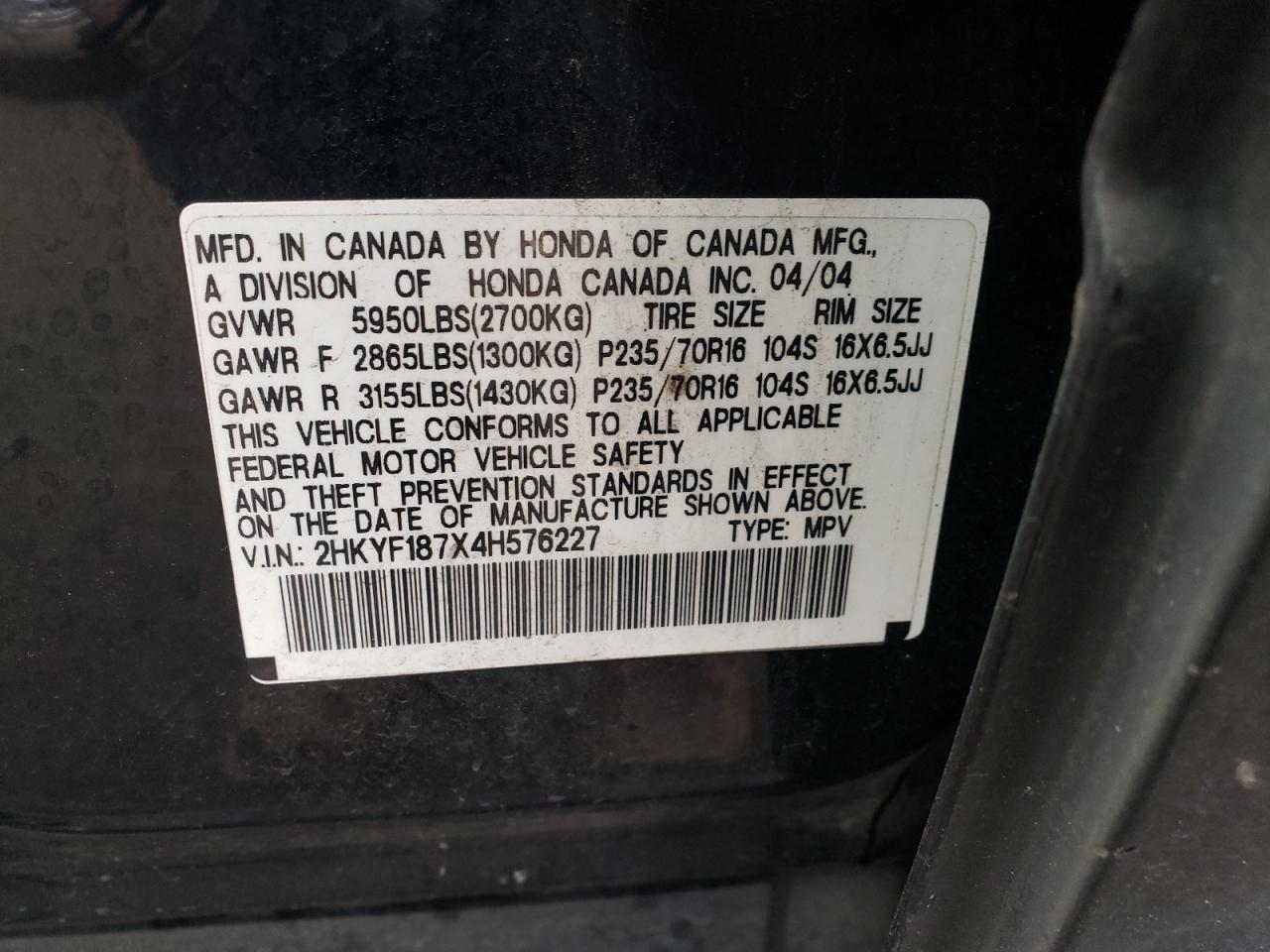 Photo 10 from auction – 2004 HONDA PILOT EXL with VIN 2HKYF187X4H576227