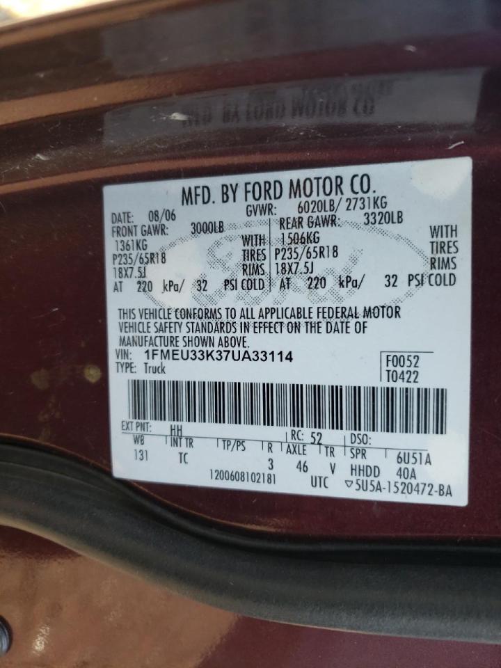 Photo 10 from auction – 2007 FORD EXPLORER S with VIN 1FMEU33K37UA33114