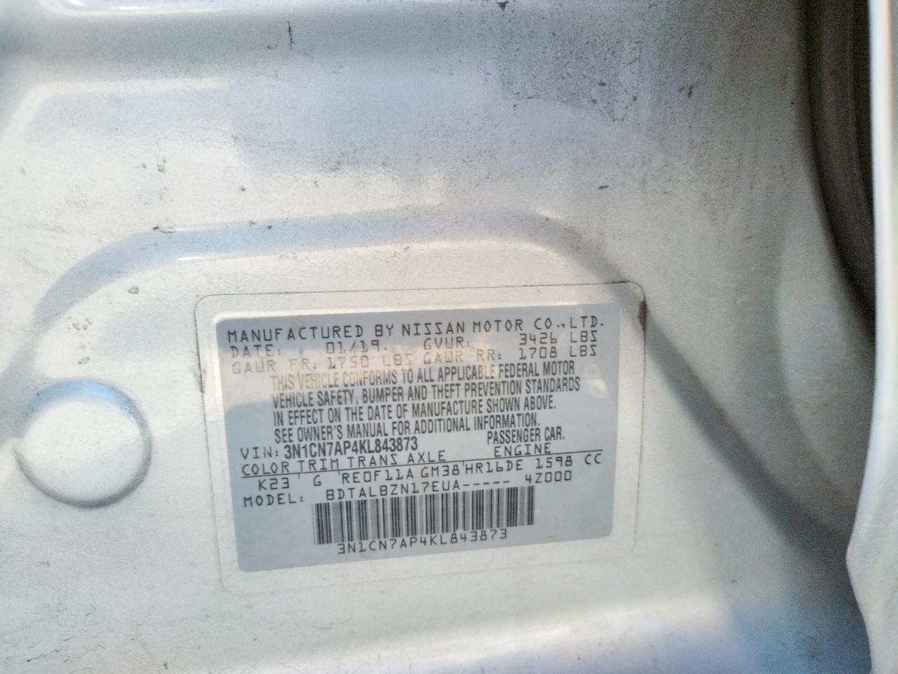 Photo 10 from auction – 2019 NISSAN VERSA S with VIN 3N1CN7AP4KL843873
