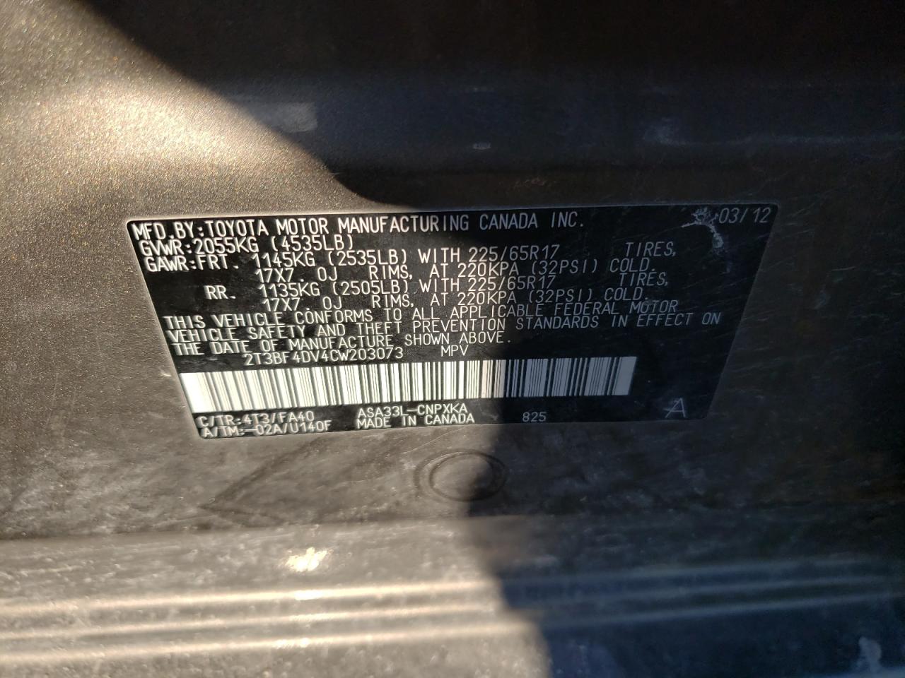 Photo 10 from auction – 2012 TOYOTA RAV4 with VIN 2T3BF4DV4CW203073