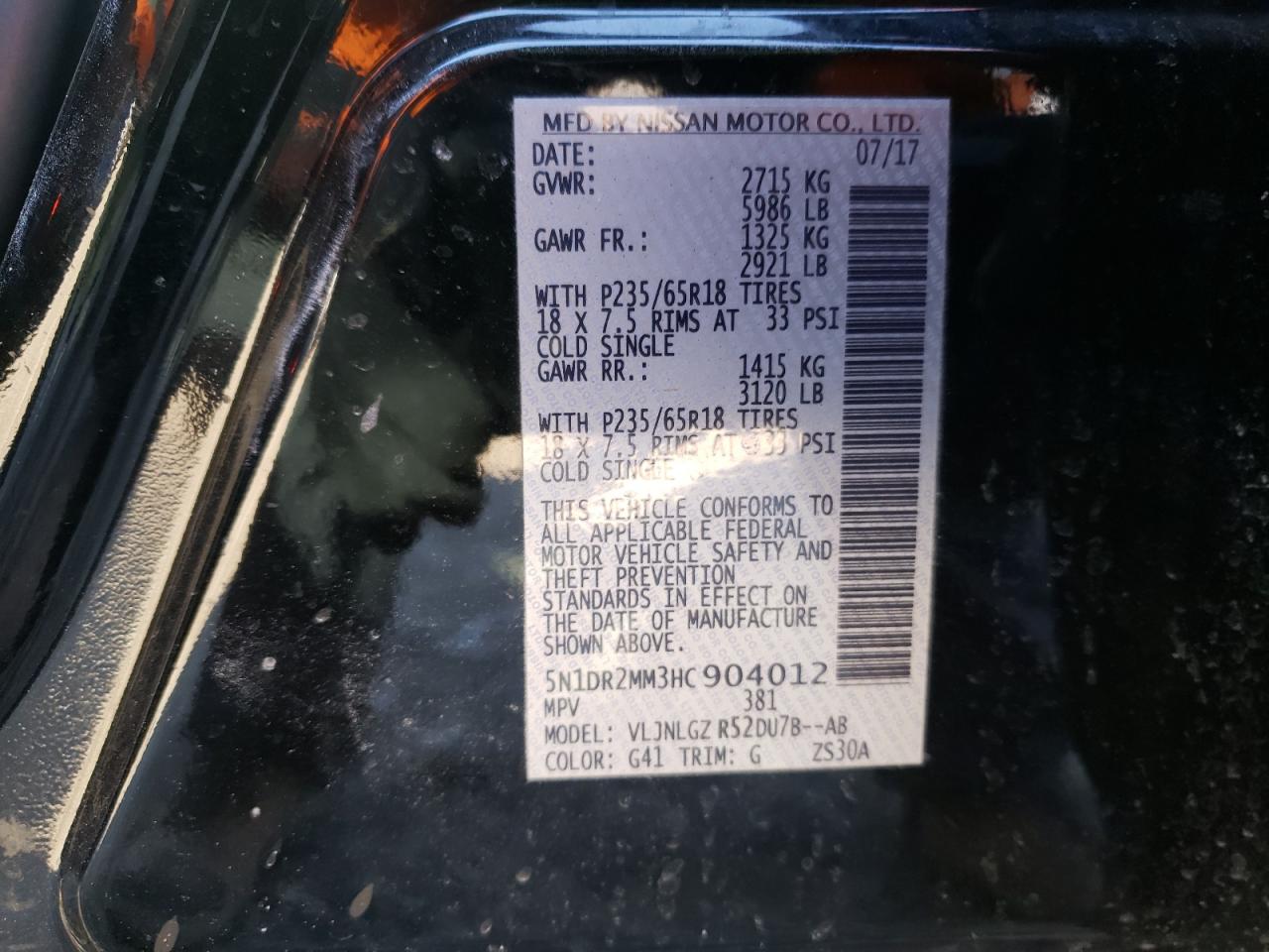 Photo 10 from auction – 2017 NISSAN PATHFINDER with VIN 5N1DR2MM3HC904012