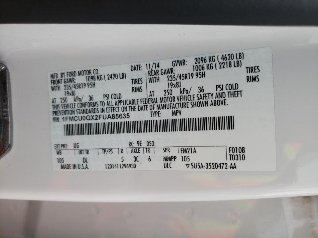 Photo 10 from auction – 2015 FORD ESCAPE SE with VIN 1FMCU0GX2FUA85635
