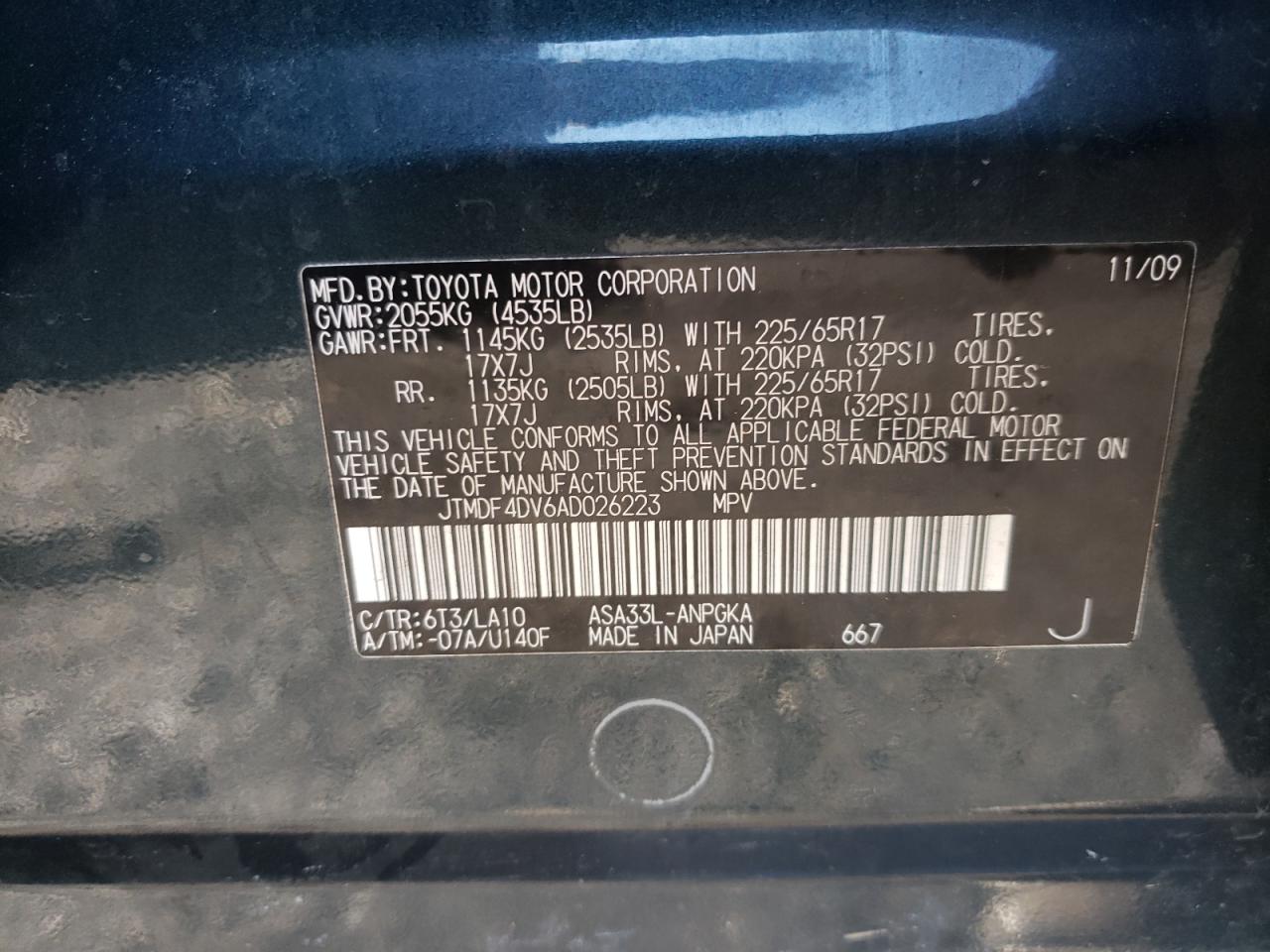 Photo 10 from auction – 2010 TOYOTA RAV4 LIMIT with VIN JTMDF4DV6AD026223