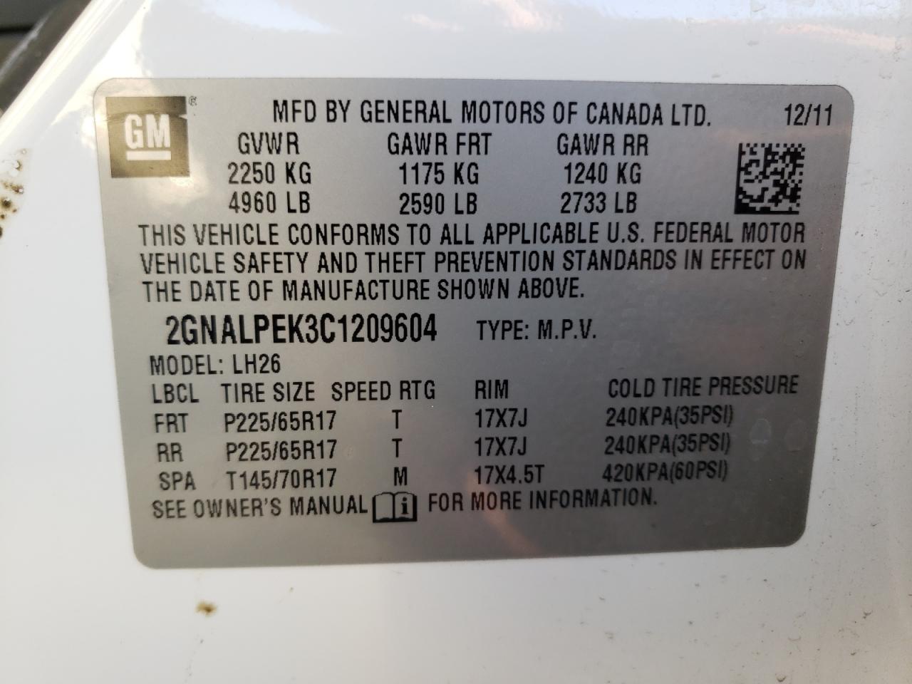 Photo 10 from auction – 2012 CHEVROLET EQUINOX LT with VIN 2GNALPEK3C1209604