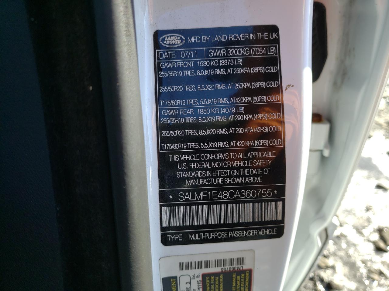 Photo 10 from auction – 2012 LAND ROVER RANGE ROVE with VIN SALMF1E48CA360755