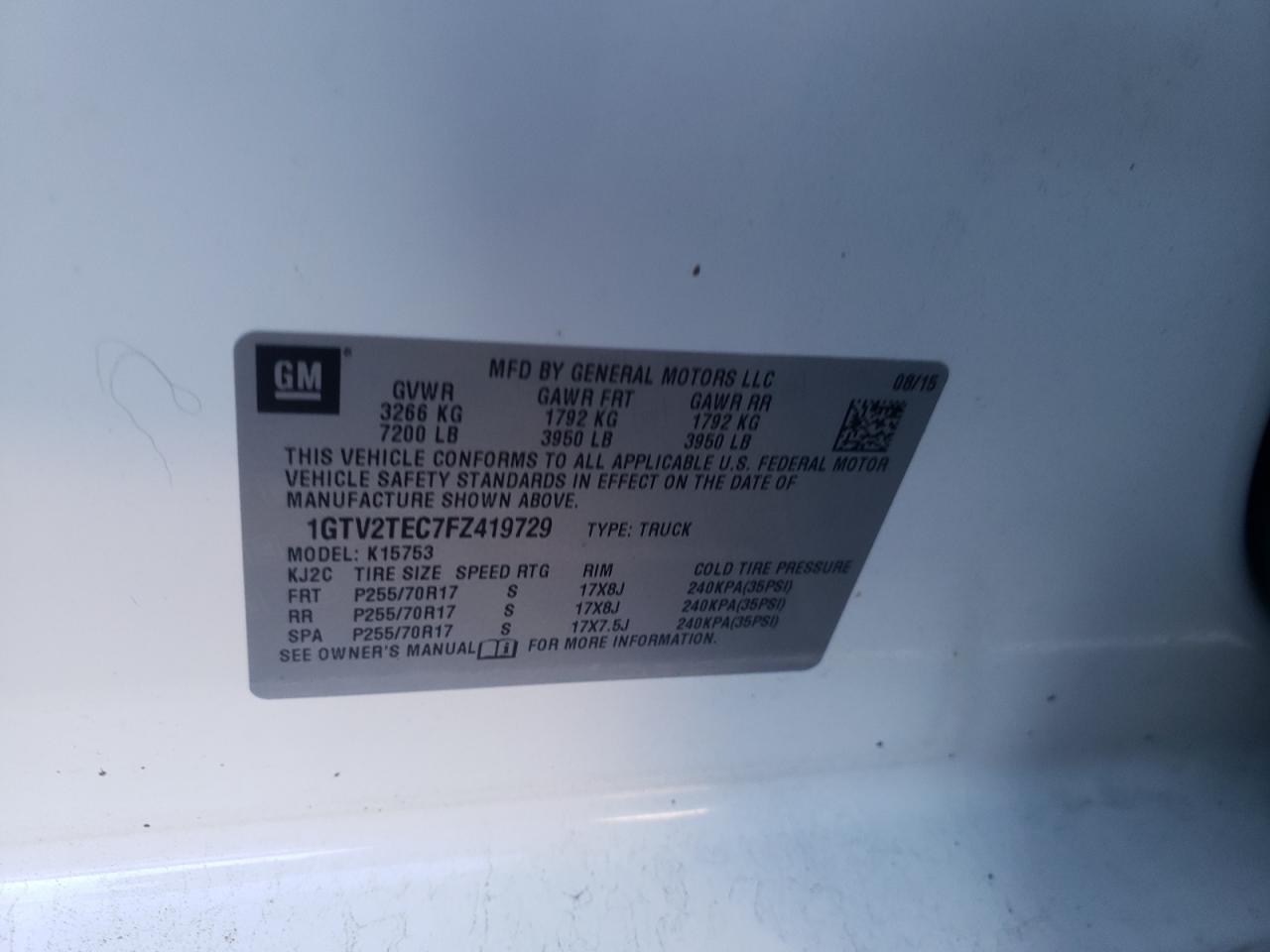 Photo 10 from auction – 2015 GMC SIERRA K15 with VIN 1GTV2TEC7FZ419729
