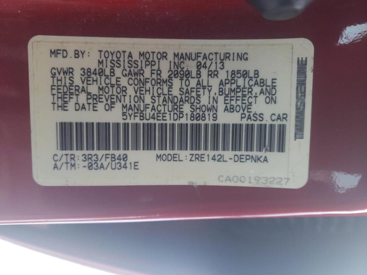 Photo 10 from auction – 2013 TOYOTA COROLLA BA with VIN 5YFBU4EE1DP180819
