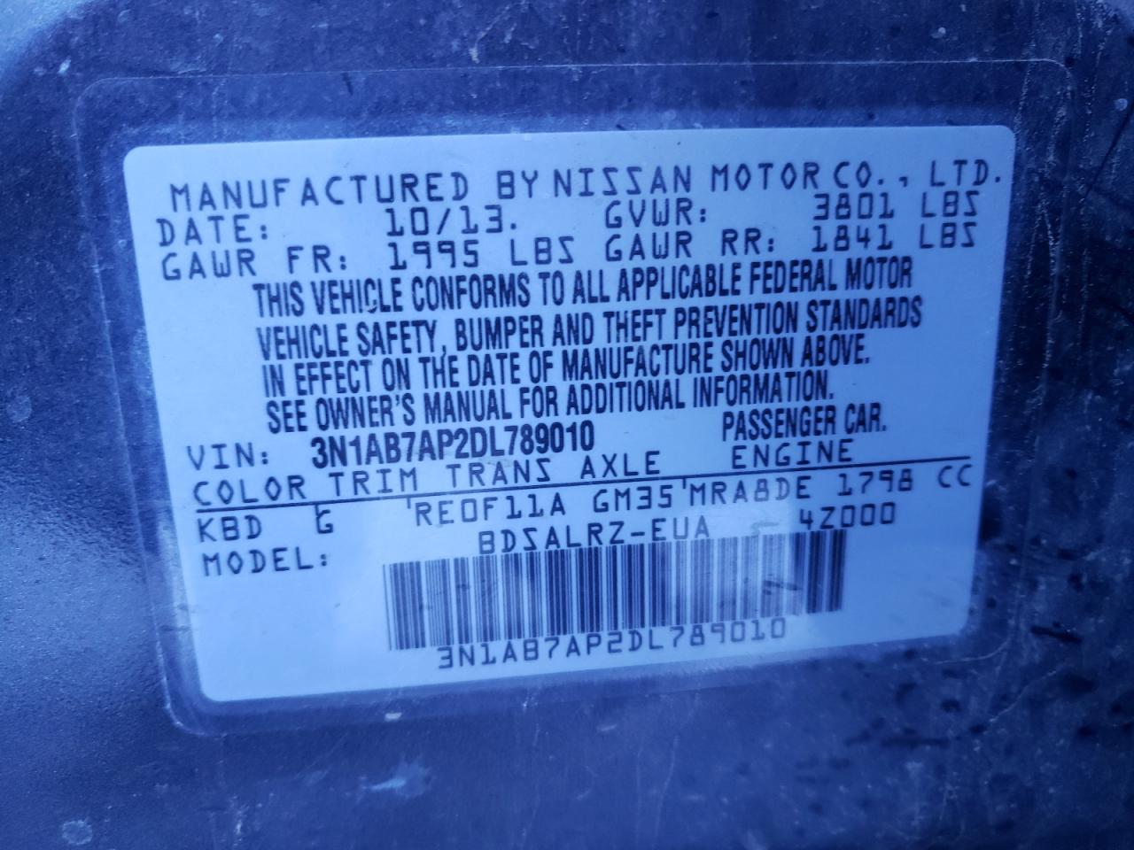 Photo 10 from auction – 2013 NISSAN SENTRA S with VIN 3N1AB7AP2DL789010