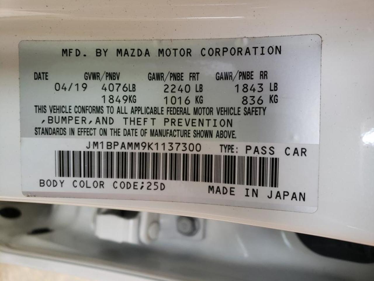Photo 10 from auction – 2019 MAZDA 3 PREFERRE with VIN JM1BPAMM9K1137300